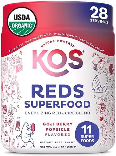KOS Reds Superfood Powder for Antioxidants - USDA Certified Organic Beet Root, Goji Berries, Acai, Pomegranate, Coconut Water & Digestion Enzymes- Goji Berry Popsicle Flavor Juice Mix - 28 Servings