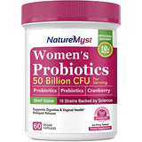 NatureMyst Women’s Probiotics, 50 Billion CFU, 18 Strains for Women, Plus Prebiotic & Cranberry, Support Digestive, Vaginal & Urinary Health, Shelf Stable, 60 Delayed Release Vegan Caps