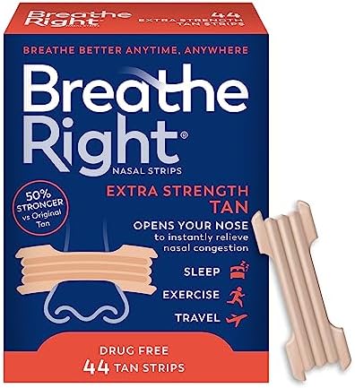 Breathe Right Nasal Strips, Extra Strength, Tan Nasal Strips, Help Stop Snoring, Drug-Free Snoring Solution & Instant Nasal Congestion Relief Caused by Colds & Allergies, 44ct (packaging my vary)