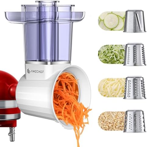 Slicer/Shredder Attachments with Large Feed Chute for KitchenAid Stand Mixers - AMZCHEF Oversized Cheese Grater Attachment, 4 Food Grade Blades, 304 Stainsless Steel, Dishwasher Safe, White