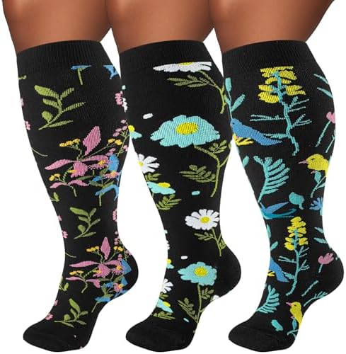Plus Size Compression Socks for Women & Men 3 Pairs, Wide Calf Extra Large 20-30 mmHg Knee High Support Socks for Travel, Running, Nurse