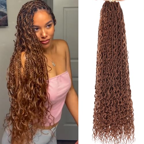 9 Packs Boho Senegalese Twist Crochet Hair with Curls 30 Inch Island Twist Crochet Braids Pre Looped Brown Boho Twist Braiding Hair for Black Women Long Synthetic Braiding Hair Extensions 30#