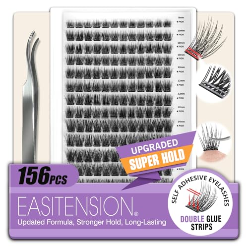 Self Adhesive Eyelashes Upgraded 156 PCS EASITENSION Clusters Kit Lash Clusters DIY Eyelashes Pre Glued Reusable No Glue Needed No Remover No residue