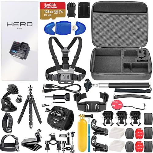 GoPro Hero Compact Waterproof Action Camera with 4K, 12MP Photos, Stabilization + 128GB Card, Card Reader, 50 Piece Accessory Kit - Bundle