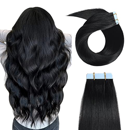 YILITE Tape in Hair Extensions Human Hair 12inch #1 Jet Black Seamless Silky Straight Tape in Human Hair Extensions 20pcs 40g