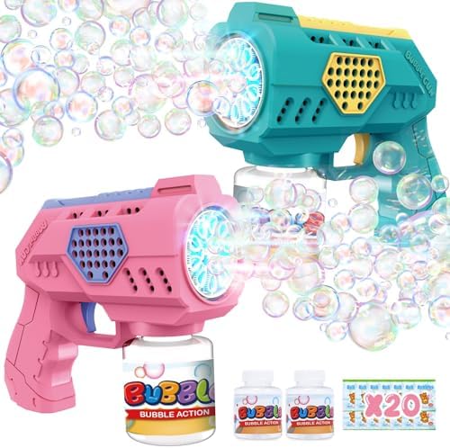 Eaglestone Bubble Guns for Toddlers 2 Packs, LED Light Automatic Bubble Machine Gun for Kids 4-8, Bubble Toys with Bubble Solution,Bubble Gun Blaster Party Favor, Summer Outdoor Toys Birthday Gift