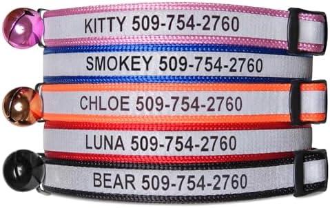 GoTags Personalized Reflective Cat Collars, Engraved Custom Cat Collar with Name and Phone Identification, Breakaway Collar with Safety Release Buckle and Bell, Adjustable for Cats and Kitten, (Black)