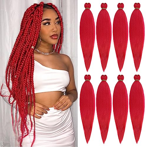 Leeven 26 Inch Red Pre Stretched Braiding Hair 8 Pack Braiding Hair Blue Braiding Hair Extensions For Braiding Crochet Hair (Red#)