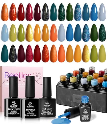 beetles Fall Gel Nail Polish Set, 23Pcs Gel Colors Green Red Burgundy Orange Blue Gel Polish Set with Base Gel Top Coat Soak off Uv Golden Glitter Nail Set Gifts for Women