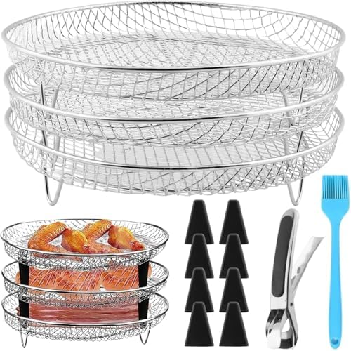 Air Fryer Accessories with 8pcs Foot Cover - 8" Square 3 Stackable Dehydrator Racks Fits 5.8 QT Air Fryer Racks for Cosori, Instant Vortex, Nuwave Air Fryer, Ninja Foodi Grill 304 Stainless Steel