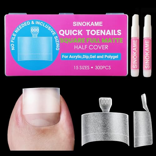Square Toe Nail Tips,SINOKAME 20mm Extra Wide Soft Gel Fake Toe Tips Half Cover,Acrylic Toenails Extension for Women Men,No-file Matte Finish 15 Sizes(000-12) 300 Pcs Salon Home DIY
