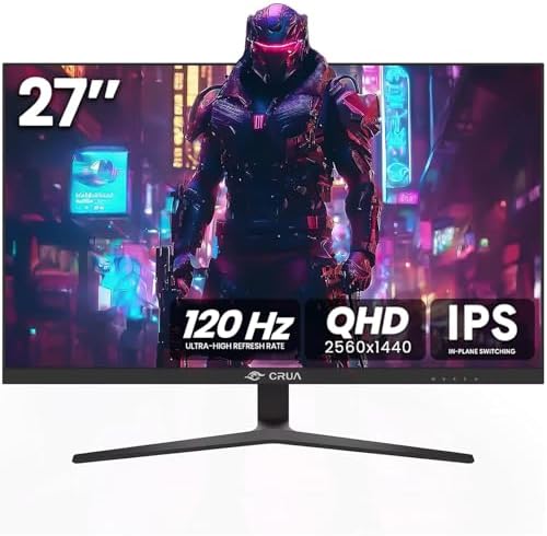 CRUA 27 Inch Gaming Monitor, QHD 1440P 120Hz IPS Computer Monitor, 99% sRGB, AMD Freesync, HDMI 2.0 & Displayport 1.2, Low Blue Light, Support Wall Mountable Installs/Tilt Adjustable-Black