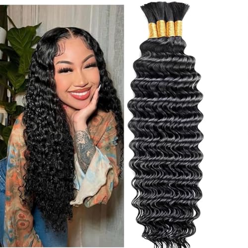 Human Braiding Hair for Boho Braids Deep Wave Bulk Human Hair 100g 24 Inch Curly Human Hair Extensions for Boho Braids Wet and Wavy Human Hair 4 Bundles/Pack Natural Color