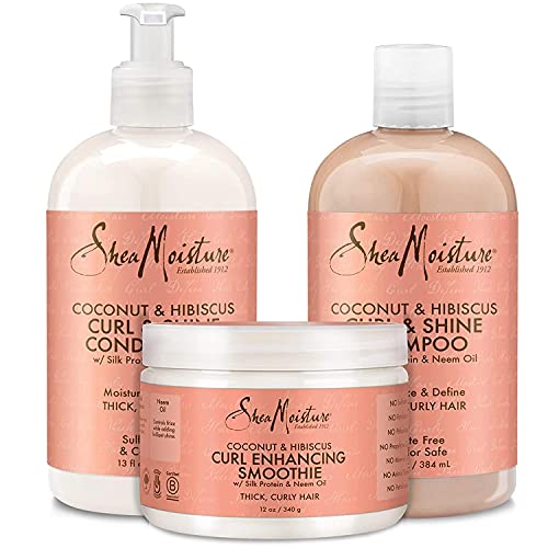 SheaMoisture Curl & Shine Shampoo, Conditioner, 13 Oz Ea + Curl Enhancing Smoothie, 12 Oz – Coconut & Hibiscus Premium Gift Set (3 Piece Set)