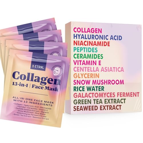 Collagen Face Mask - 13-in-1 Bio Collagen Real Deep Overnight Mask - Hydrating Glass Skin Facial Mask - Anti Wrinkle Korean Skincare Inspired Face Sheet Masks (4 Pack)