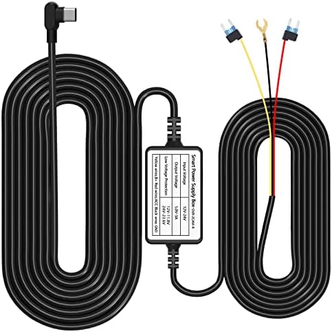 USB C Hardwire Kit for Dash Cam, Type C Dash Camera Hardwire Kit Converts 12V-24V to 5V/3A Car Dashcam Charger Cable Kit, Low Voltage Protection (11.5ft)
