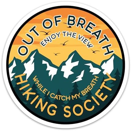 (3PCs) Out of Breath Hiking Society Sticker, Hiking Forest Mountain Stickers for Hiking Lovers, Waterproof Vinyl Decals for Laptop Tumbler Hydroflask Water Bottle, Adventure Gift for Campers 3 Inches