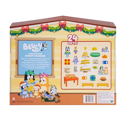 Bluey's Christmas Swim Advent Calendar, This Very Festive Bluey Surprise Pack Has 24 Surprises Behind 24 Different Windows, Includes 3 Christmas Swim Figures, 18 Accessories And 3 Stickers To Reveal