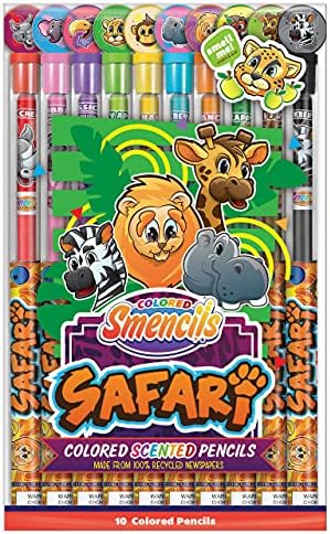Safari Colored Smencils - Patented Gourmet Scented Colored Fun Pencils - Made from Recycled Newspapers, 10 Count - Gifts for Kids, School Supplies, Classroom Rewards, Student Prizes