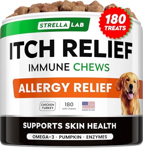 StrellaLab Dog Allergy Relief & Anti Itch Support Chews w/Omega 3, Pumpkin, Enzymes & Turmeric: Real Ingredients, Real Taste! Skin & Coat Immune Supplement w/Fish Oil - Made in USA - 180Ct - Chicken