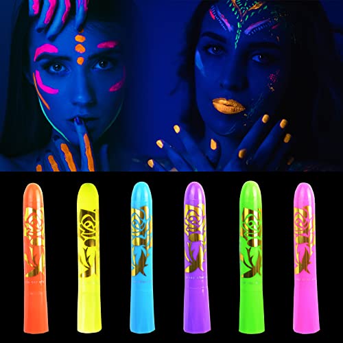 6 Pcs Glow in The Light Body Face Paint, Face Painting Kit, UV Crayon Kit Fluorescent Body Paints for Adults for Birthday Party Halloween Masquerade Makeup Outdoor for Kids