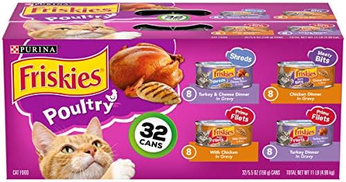 Purina Friskies Gravy Wet Cat Food Variety Pack, Poultry Shreds, Meaty Bits and Prime Filets - (Pack of 32) 5.5 oz. Cans