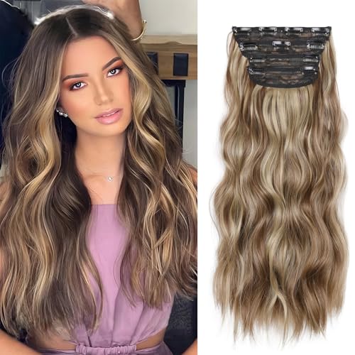 20 Inches Brown Hair Extensions, 4Pcs Synthetic Clip in Hair Extensions, Wavy Long Hair Extensions Clip in, Natural Thick Hair Extensions (Color:Light Brown Mixed Blonde)