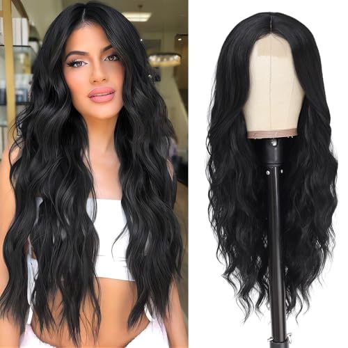 Long Black Wig for Women 26Inch Wavy Curly Black Hair Wigs Synthetic Hair Replacement Wig Heat Resistant Hair Wig for Daily Party Use Halloween Costume Wig