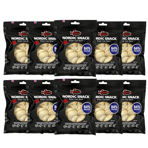 Nordic Catch Freeze Dried Cod Bites - High Protein Crisps Made From Wild-Caught Icelandic Cod Fish - Keto Protein Snacks, High Protein Chips, Healthy Snack with Omega-3s, 35g Resealable Bag - 10 Pack