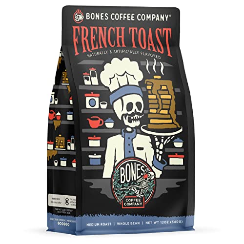 Bones Coffee Company French Toast Flavored Coffee Beans, Whole Bean Coffee Medium Roast Low Acid, Sweet & Buttery Flavor (12 oz)