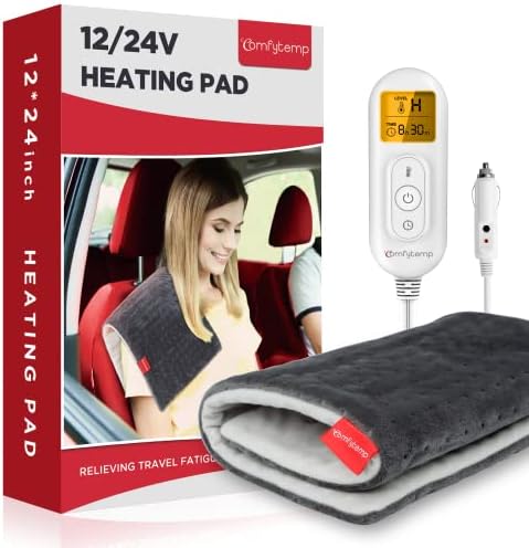 Comfytemp 12V/24V Car Electric Blanket for Back Pain Relief, 4 Heat Setting, 11 Auto-Off, Portable Mini Travel Blanket for Back Pain, Shoulders and Cramps Relief, 12x 24 Washable