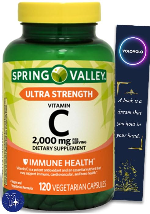 Ultra Strength Vitamin C Capsules Dietary Spring Valley Supplement, 2,000 mg, 120 Count and Bookmark Gift of YOLOMOLO