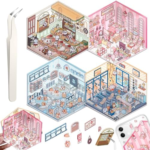 DIY 3D House Stickers, 4 Set Fun DIY Stickers Scene Make Your Own Warm Home, Supermarket, Coffee Shop, Music Bar, Cute 3D Cartoon Scene Stickers for Adult Kids Relief Stress Pass The Time (XMPLUS)