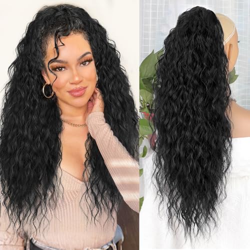 ALXNAN Claw Clip Ponytail,26 Inch Black Ponytail Extension for Women Synthetic Long Curly Wavy Clip in Ponytail Hair Extensions Synthetic Hairpiece for Daily Party Use