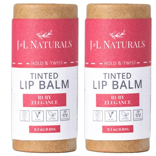 J&L Naturals Tinted Lip Balm | Vegan & Cruelty Free Lip Stain | Zero Waste Makeup | Plastic-Free, Hydrating & Moisturizing Lip Tint | Made in US (Duo (2-Pack), Ruby Elegance)
