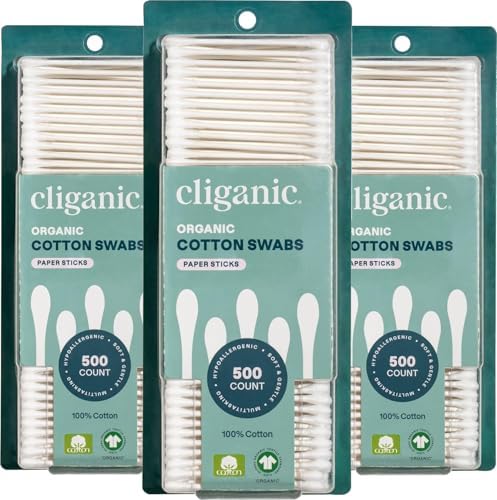 Cliganic Organic Cotton Swabs, 1500 Count - 100% Pure Natural Cotton, Chlorine-Free Hypoallergenic, Soft, Gentle & Absorbent Buds