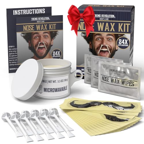 Viking Revolution Nose Hair Waxing Kit for Men - Quick Nose Wax Kit Men with 24 Nose Wax Sticks - Nose Hair Wax Kit Includes Mustache Sticker Guard and Post-Wax Calming Wipes with Aloe Vera (3.5 oz)