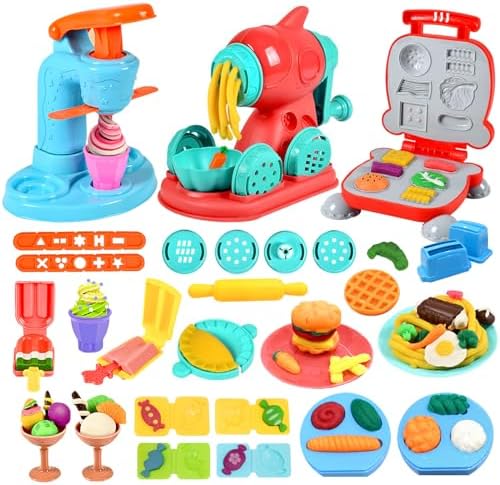 3 in 1 Color Dough Kitchen Creations Set, Ice Cream Noodle Hamburger Maker Machine, Art Crafts Food Modeling Play Toys, Deluxe Tools Kit for Boys Girls Kids Toddlers Ages 3+ (12 Colors Dough)