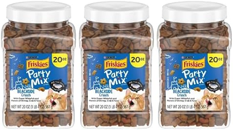 Purina Friskies Party Mix Cat Treats, Beachside Crunch, Made with Ocean Whitefish, Crunchy Cat Treats for Adult Cats, 20-Ounce Resealable Canister (Pack of 3)