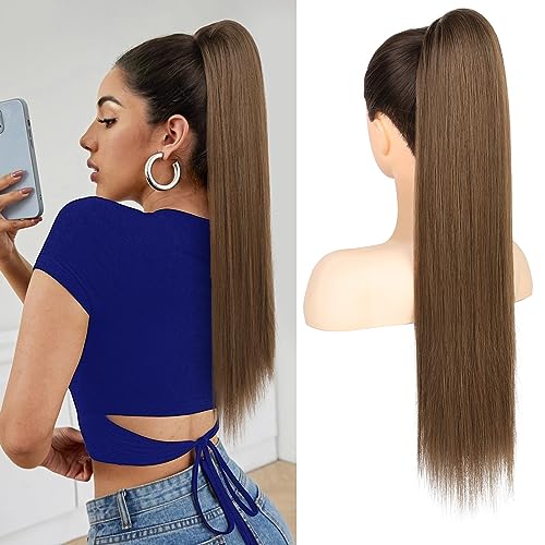 FLUFYMOOZ ponytail extension, 26 Inch Long Straight Drawstring Ponytail Synthetic Hairpieces Fake Pony Tails Natural Soft Clip in Hair Extension ponytail for Women (Medium Brown with Medium Auburn)