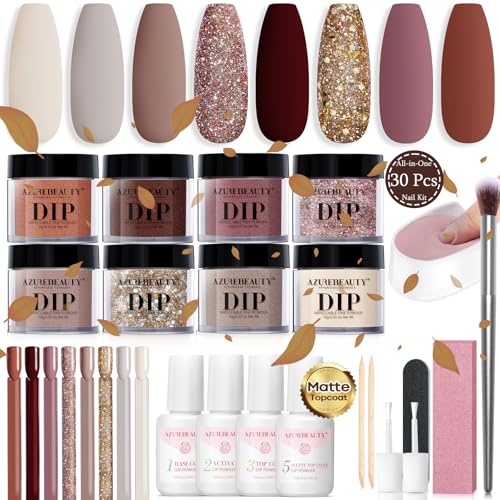 AZUREBEAUTY 30Pcs Dip Powder Nail Kit Starter with Nail Sticks, 8 Colors Christmas Winter Nude Brown Glitter, Dipping Powder Liquid Set with Matte/Base/Top Coat Activator for French Manicure Salon