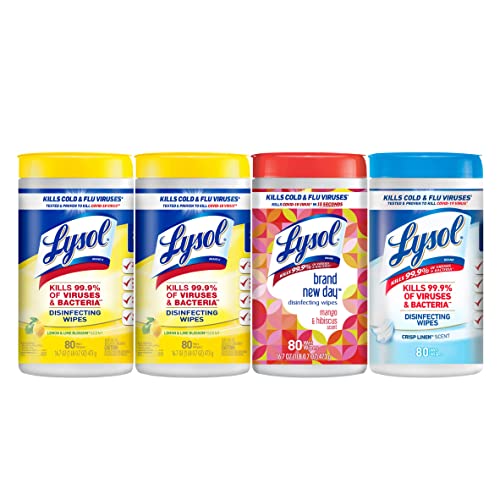 Lysol Disinfectant Wipes Bundle, Multi-Surface Antibacterial Cleaning Wipes, contains x2 Lemon & Lim Blossom, Crisp Linen, Mango & Hibiscus, Pack of 4