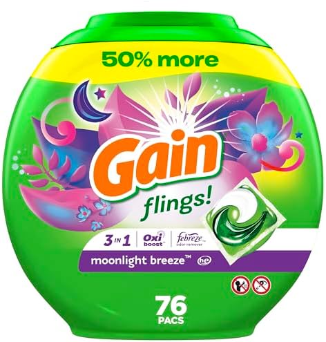 Gain flings Laundry Detergent Soap Pacs, HE Compatible, Long Lasting Scent, Moonlight Breeze Scent, 76 Count