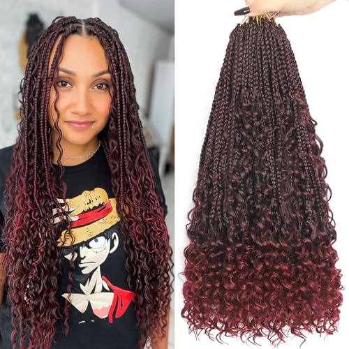 TBUG Goddess Crochet Braids 24 Inch Ombre Burgundy Crochet Boho Braids 8 Packs 3X Crochet Hair Bohomian Box Braids Crochet Braids Messy Pre-looped Synthetic Crochet Braids for Black Women
