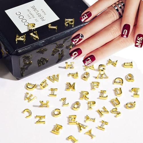 52pcs Gold Letters Nail Charms 3D Alloy English Alphabet Stud Nail Diamonds with Rhinestones Design Letter Capital Nail Gems for Women Girls Acrylic Nails Decoration Supplies Making Crafts