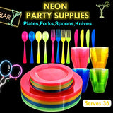 Supernal 216pcs Neon Party Supplies Plates,Includes Hard Plastic Dispoable Neon Party Plates,Cups,Cutlery Forks Knives Spoons in Neon Pink,Blue,Green,Yellow, Pefect for Birthdays,Halloween Party