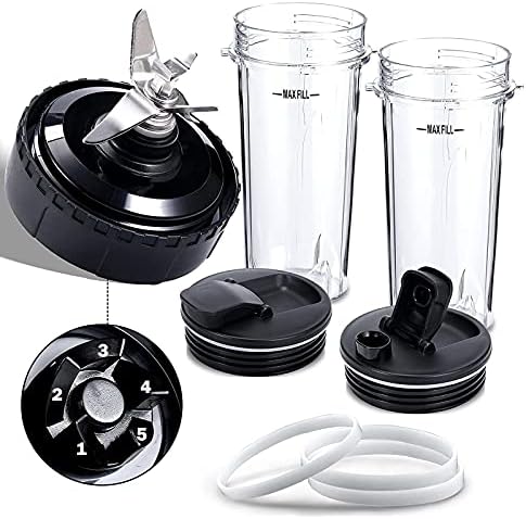 Blender Replacement Parts Compatible with Nutri Ninja, 5 Fins Extractor Blade, 2×16oz Cups with To-Go Lids, 3×Rubber Gasket Accessories for Ninja QB3000/QB3000SSW/QB3004/QB3005/QB3001