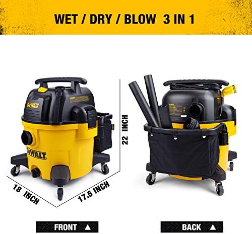 DEWALT Wet and Dry Vacuum 9 Gallon Poly Wet/Dry Vac Yellow Shop Vacuum 5 HP Strong Suction for Jobsite, Workshop 3 in 1 Multi Functions Model: DXV09P