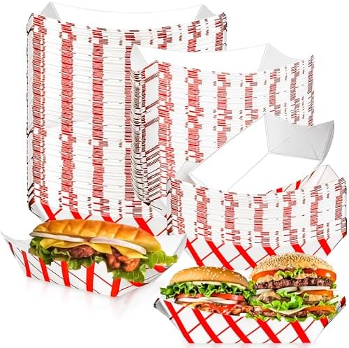 MotBach 100 Pack 3lb Paper Food Trays,Disposable Greaseproof Kraft Checkered Carnival Food Serving Take Out Basket Tray Boat for Snacks Fries Nachos Popcorn Hot Dogs Carnival Wedding Party Picnic