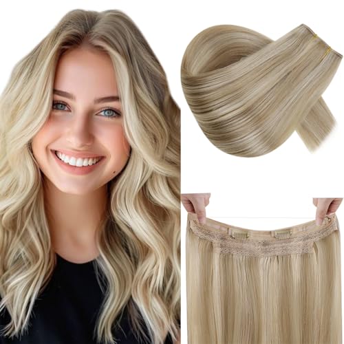 RUNATURE Wire Human Hair Extensions Dark Blonde Highlight Golden Blonde Fish Wire Hair Extensions Real Human Hair Invisible Wire Hair Extensions 16 Inch 80g